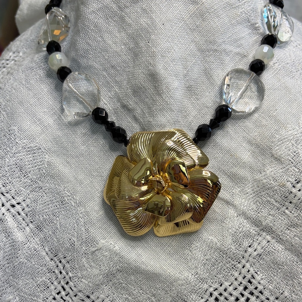 Gold Flower Pendant Necklace &  Matching Earrings - One of a Kind -